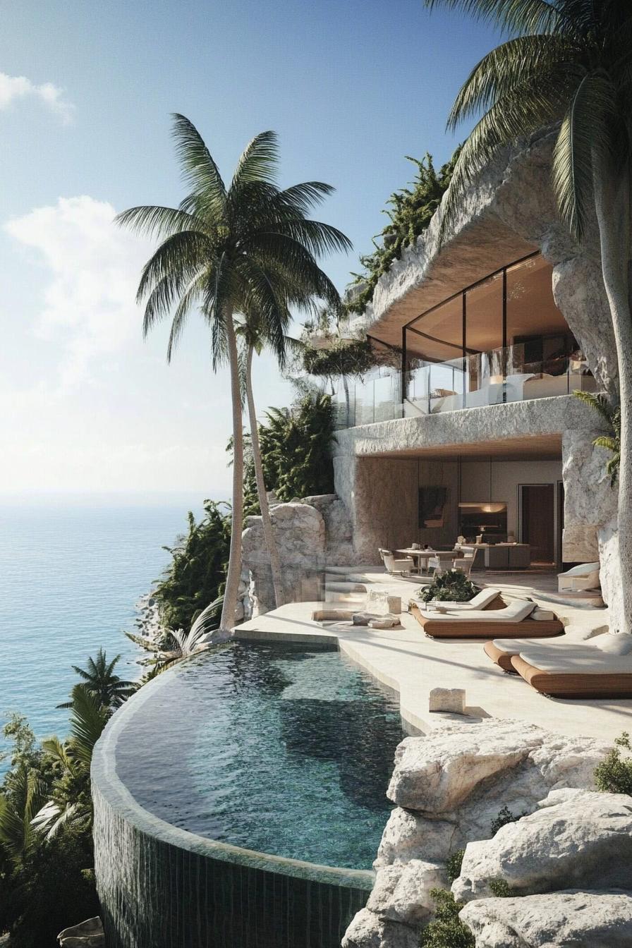 modern seaside cliff mansion with natural pools surrounded with rocks and palms stunning ocean views