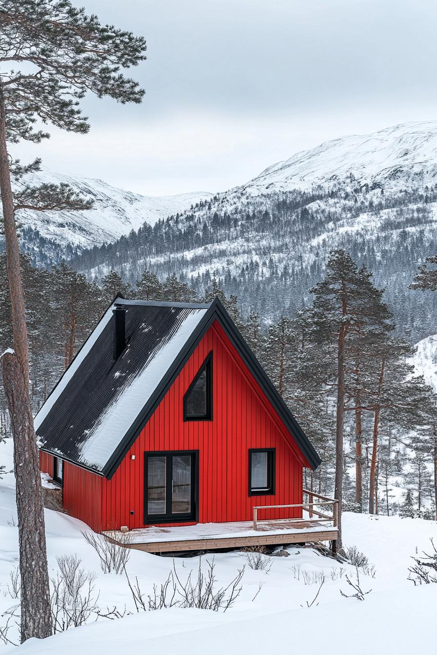 A-frame red cabin in snowy forested mountains