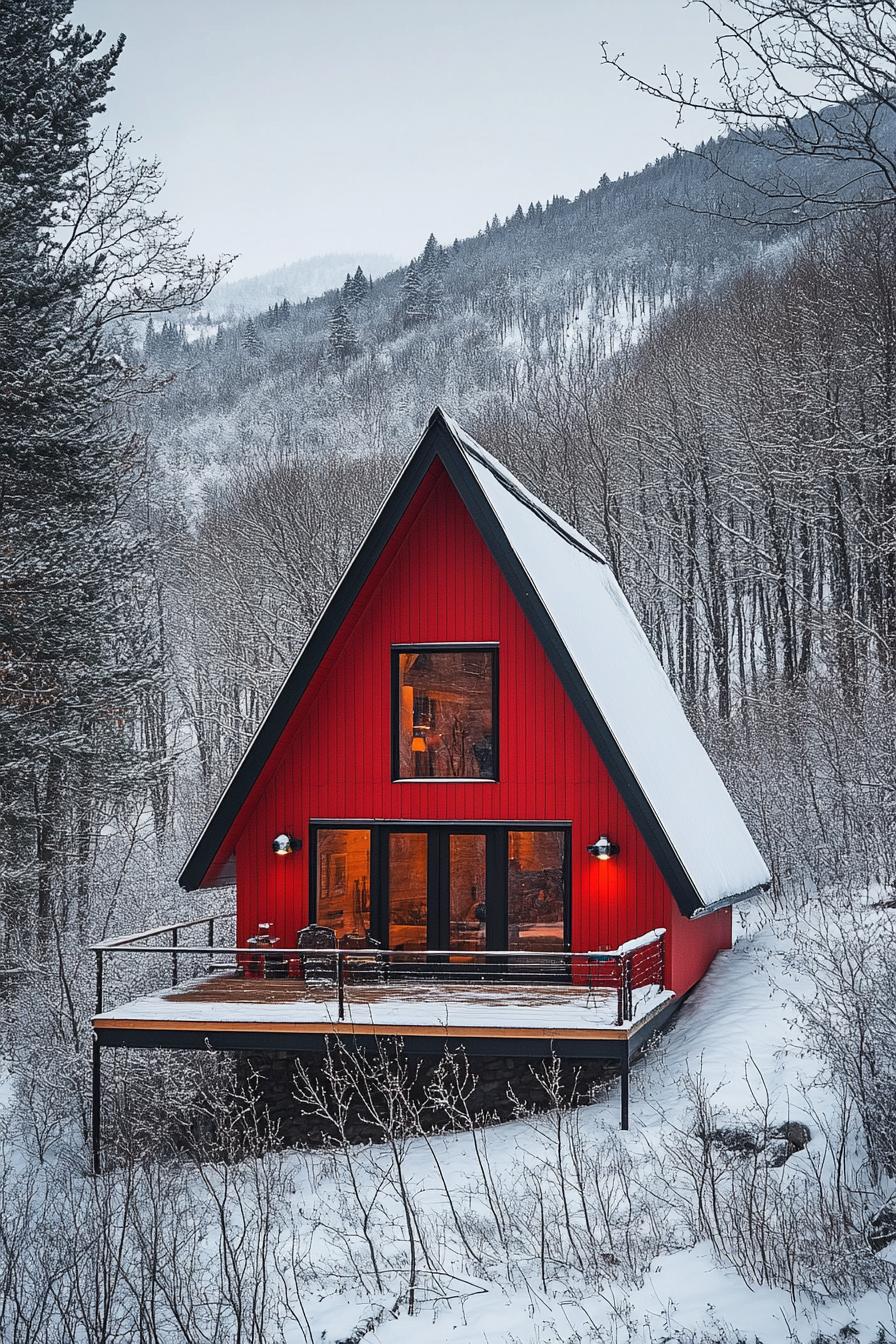 Cozy red A-frame cabin amidst snowy trees