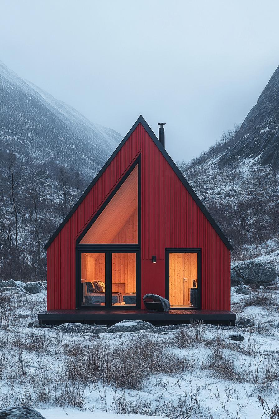 A-frame cabin with bright red facade in a snowy valley