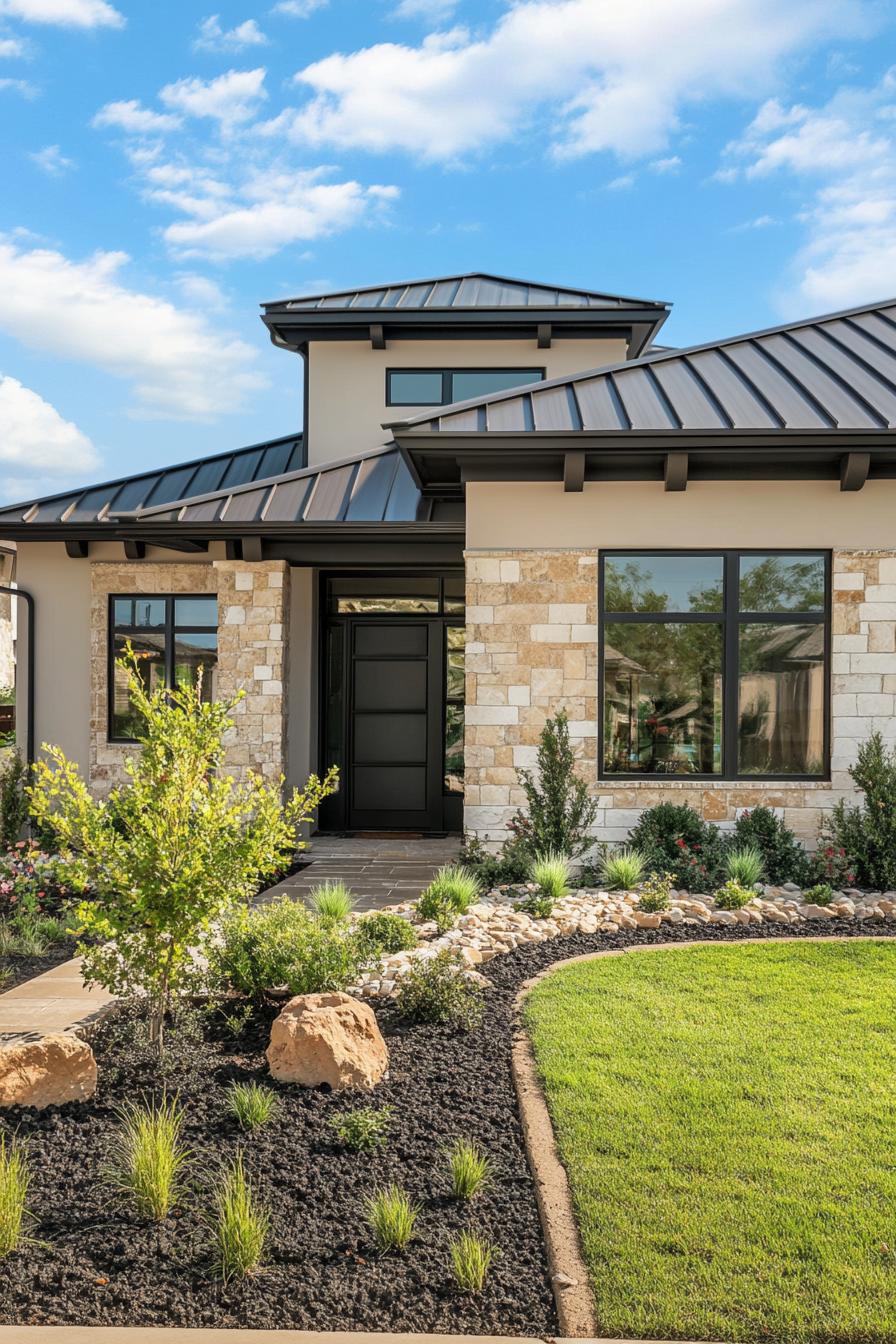 Modern house with stone facade and black roof