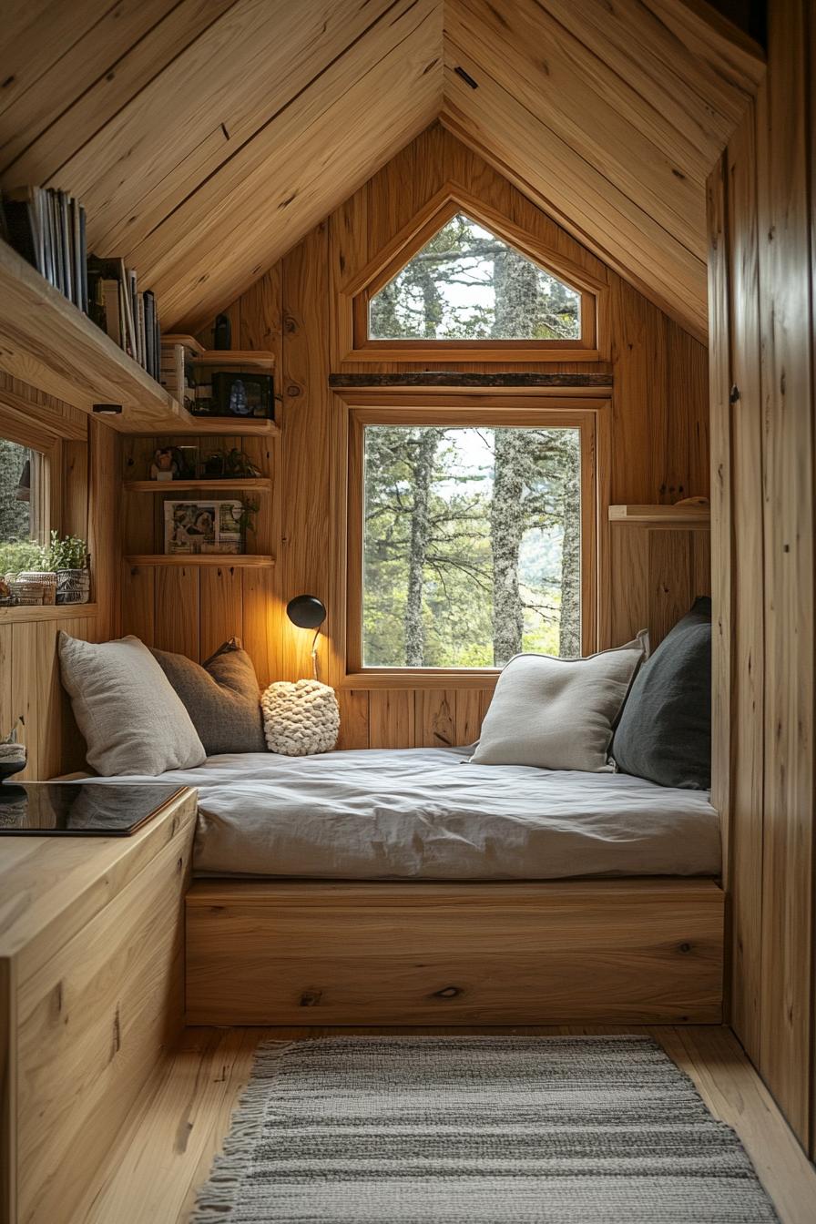 Compact cabin interior with a comfy bed