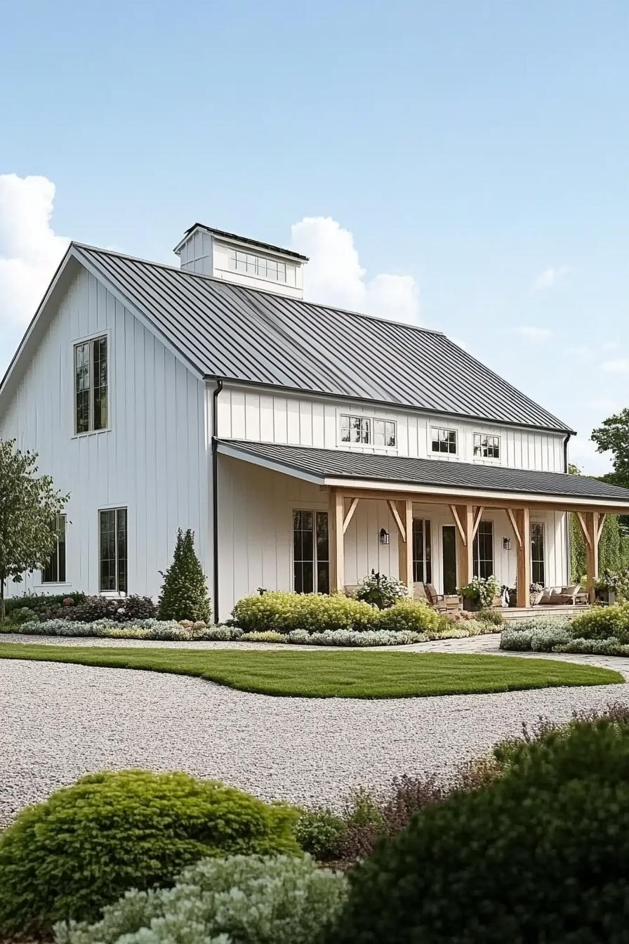 white barndominium shouse with grey roof light wood exposed beams v 6.1