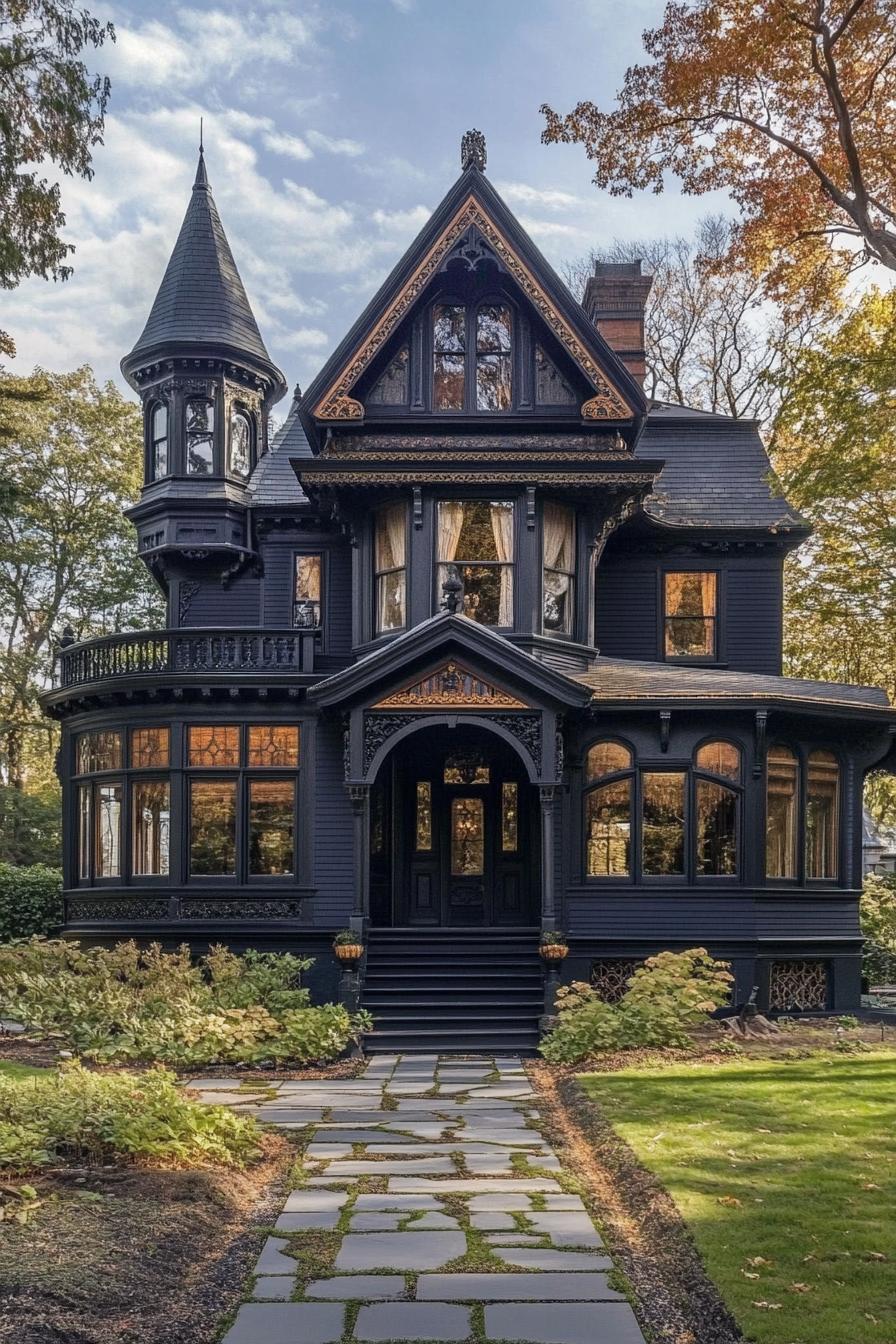 Victorian mansion with a tall turret roof with ornate trim arched windows dark facade large porch geometric landscaping 1