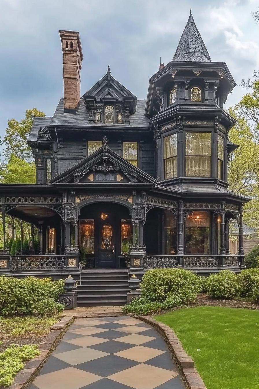 Victorian mansion with a tall turret roof with ornate trim arched windows dark facade large porch geometric landscaping 2