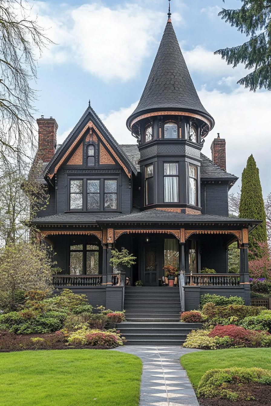 Victorian mansion with a tall turret roof with ornate trim arched windows dark facade large porch geometric landscaping