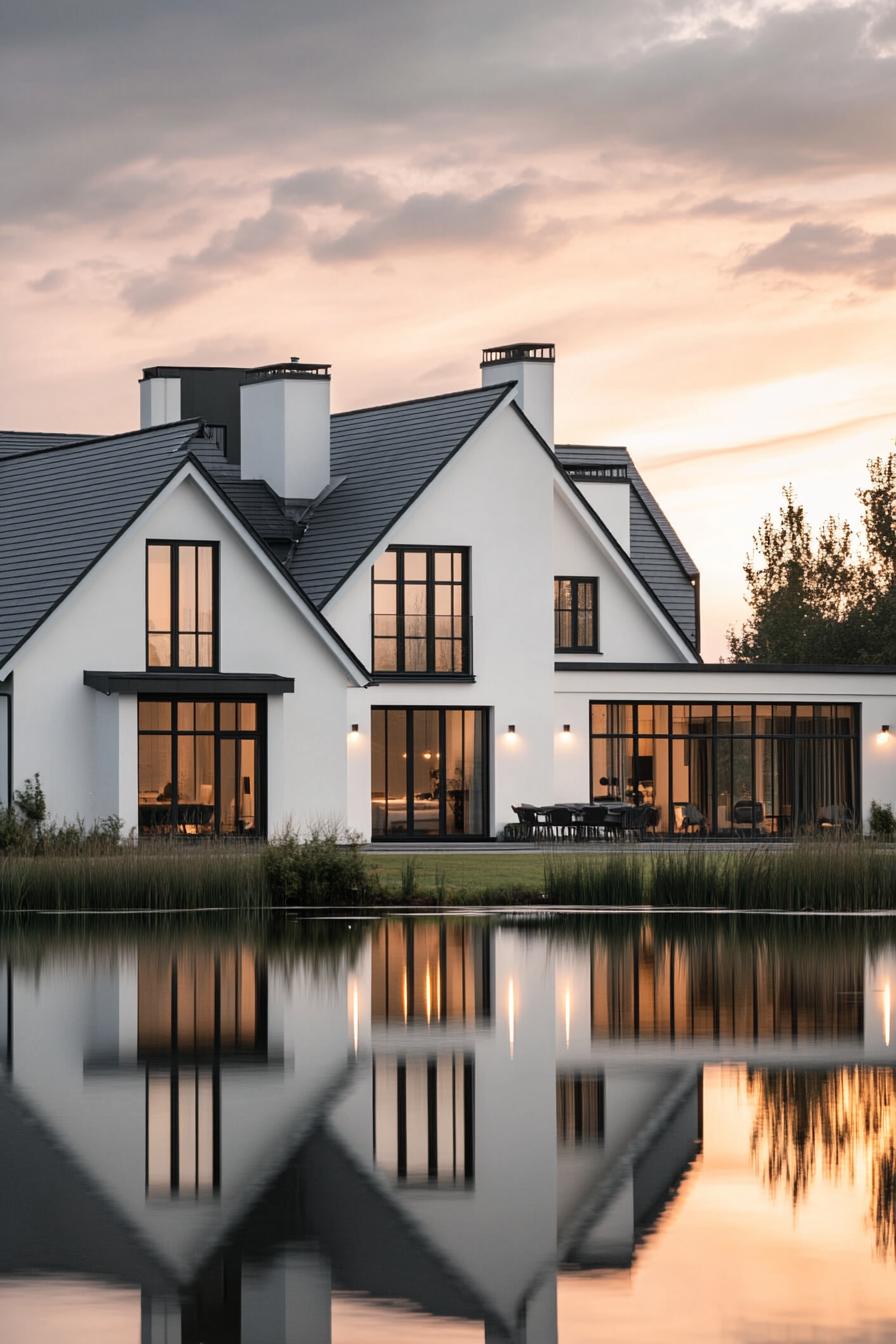 Modern white house reflecting in calm lake at sunset