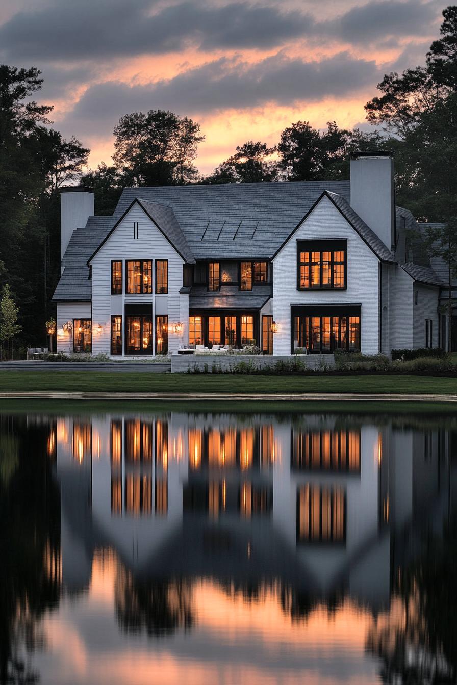 Sunset-lit farmhouse reflected in a pond