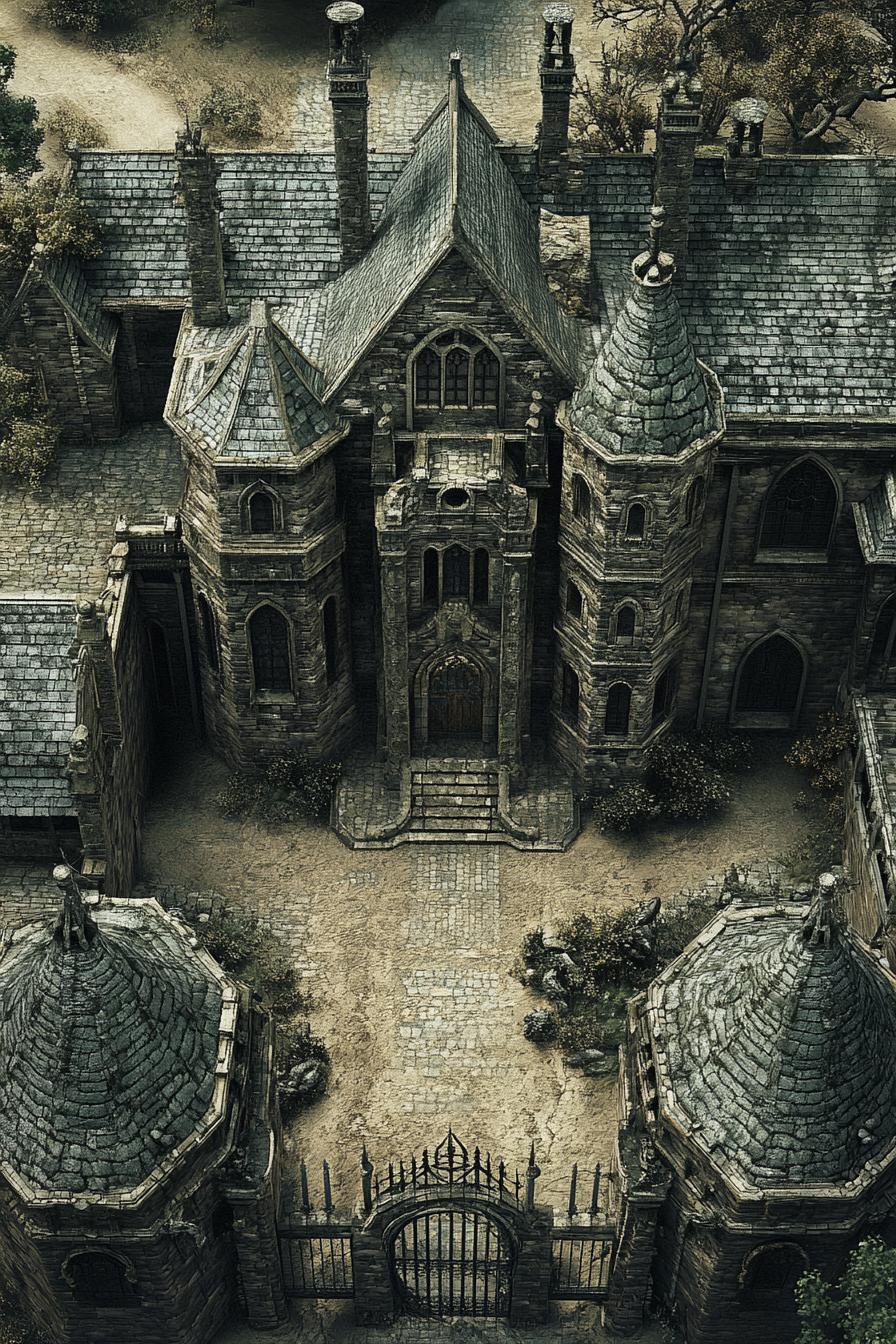 aerial view of a bothic stone vampire house manor with a large elaborate fence