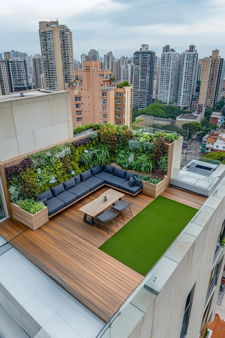 aerial view of a rooftop terrace on a residential building in a big city the terrace has part wooden tile deck part artificial grass planter boxes 1