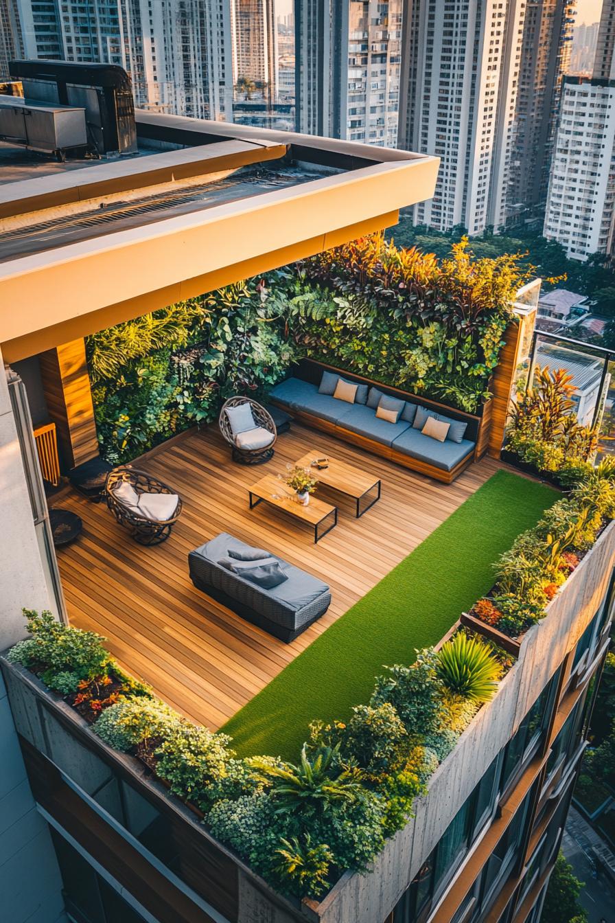 aerial view of a rooftop terrace on a residential building in a big city the terrace has part wooden tile deck part artificial grass planter boxes 2