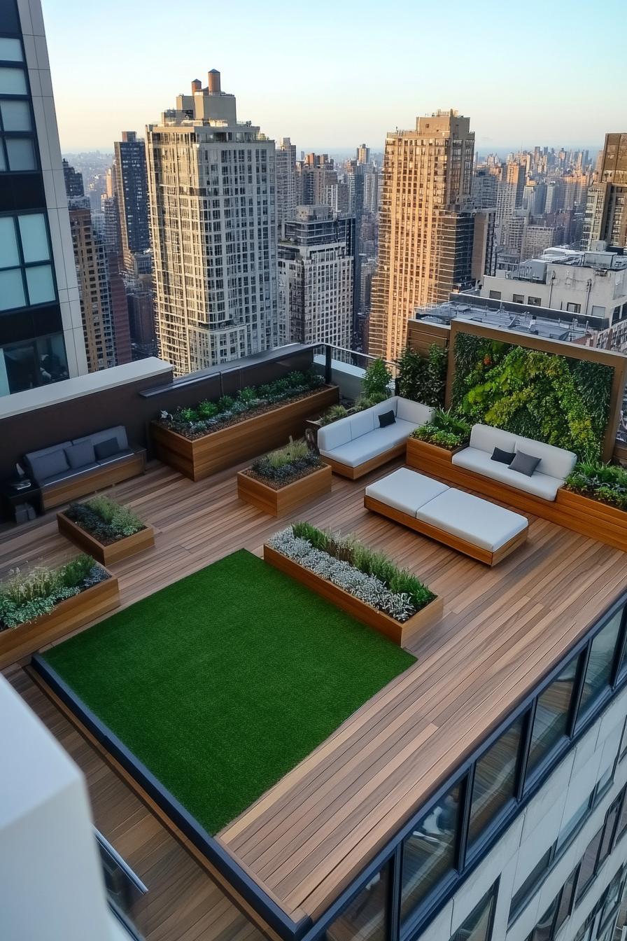 aerial view of a rooftop terrace on a residential building in a big city the terrace has part wooden tile deck part artificial grass planter boxes 3