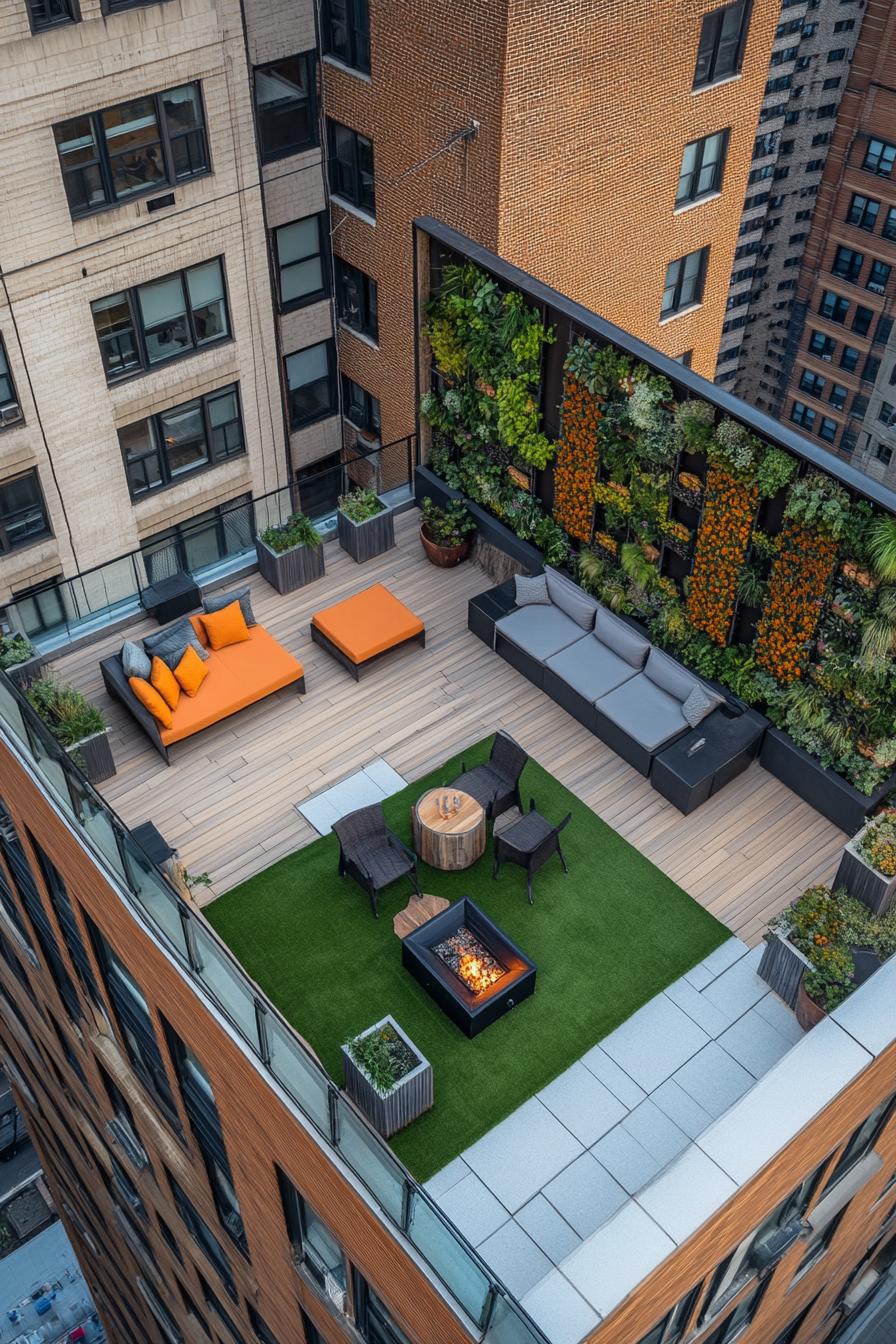 aerial view of a rooftop terrace on a residential building in a big city the terrace has part wooden tile deck part artificial grass planter boxes