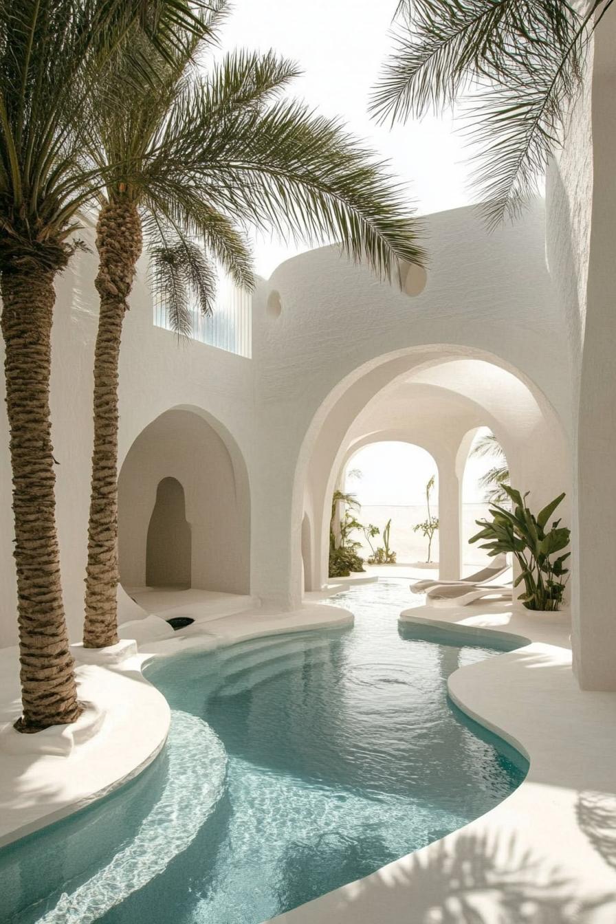 clean white modern courtyard with curvy pool round arches lone tall palms in corners dreamscape architecture 1