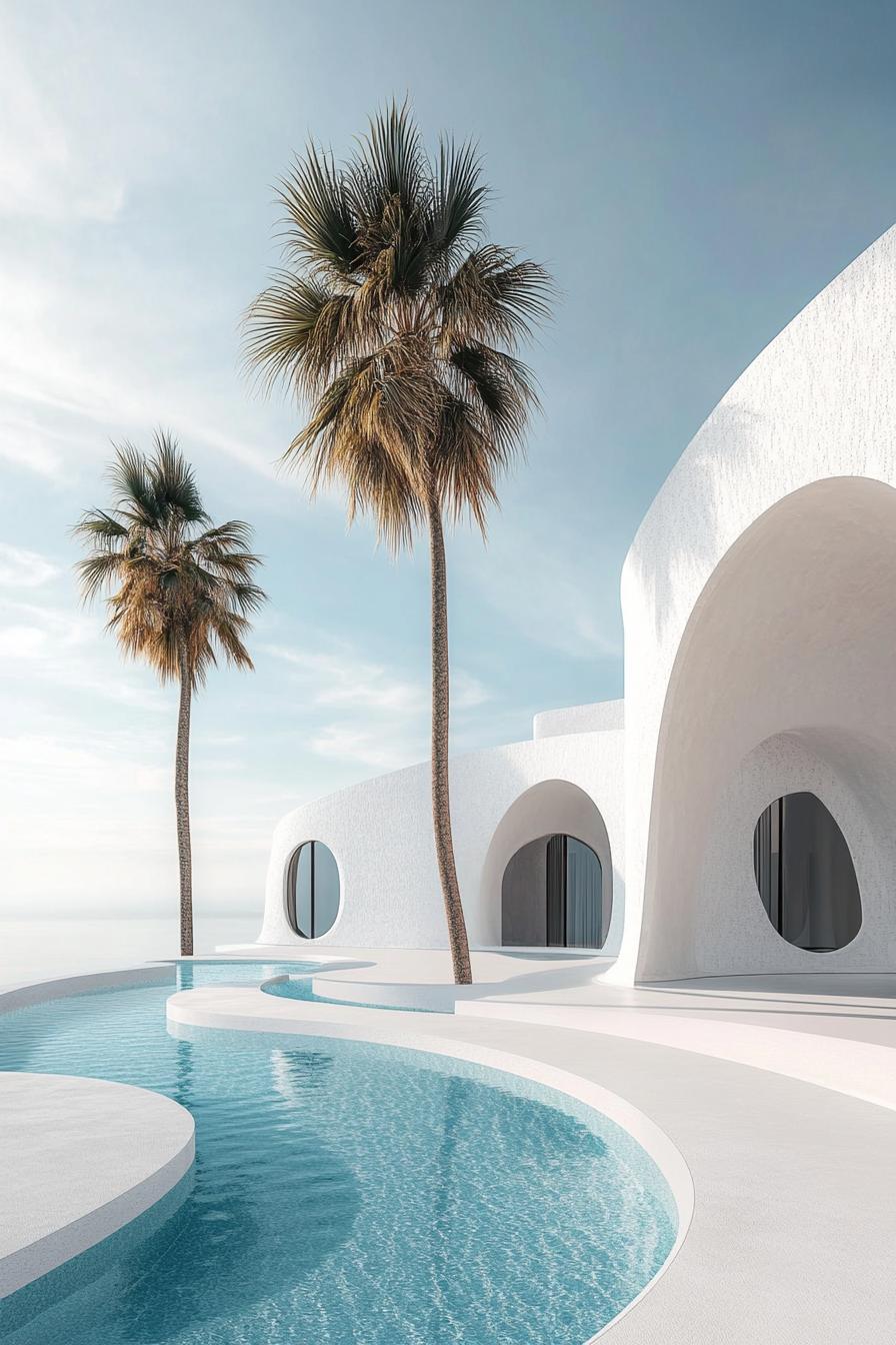 clean white modern courtyard with curvy pool round arches lone tall palms in corners dreamscape architecture 2