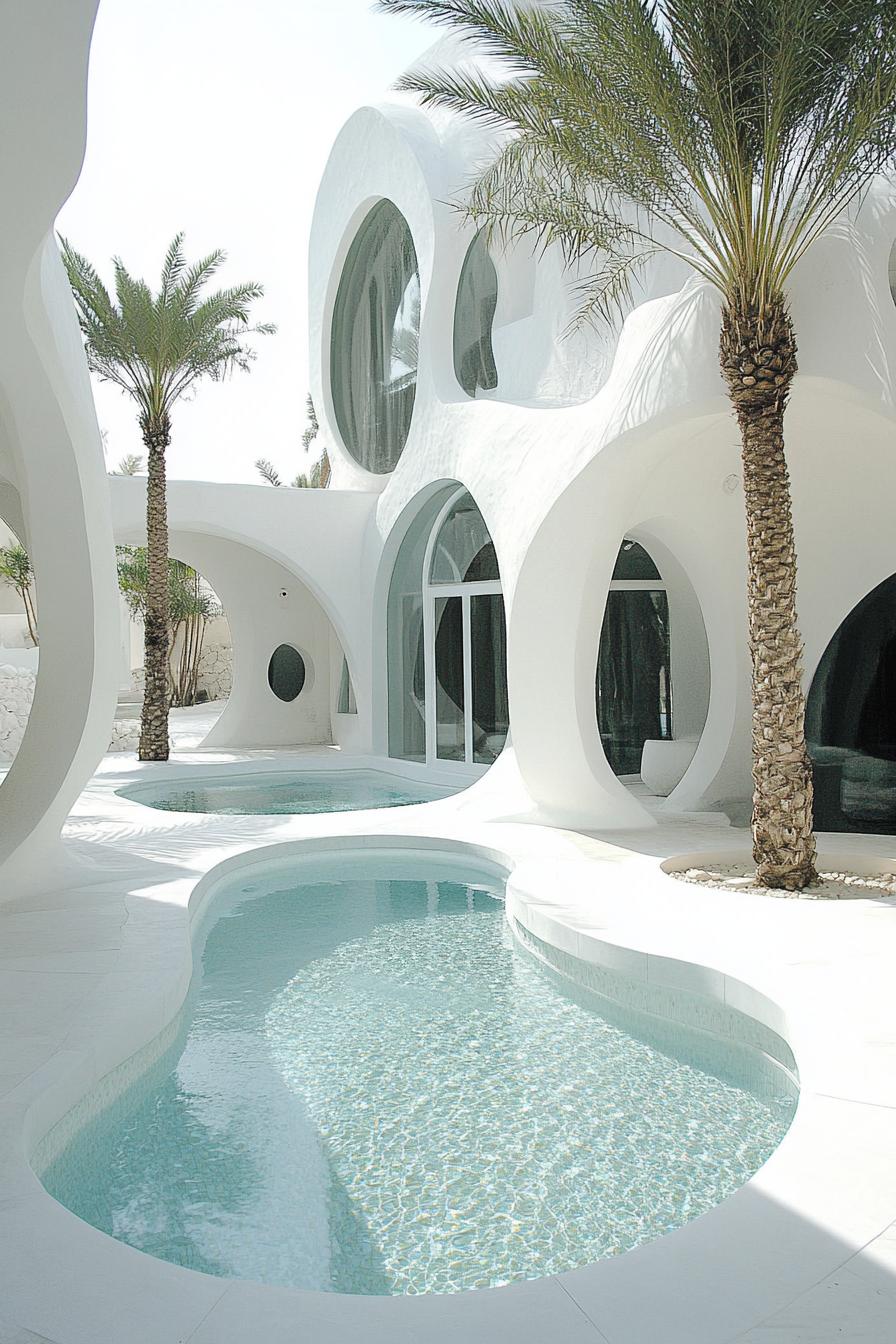 clean white modern courtyard with curvy pool round arches lone tall palms in corners dreamscape architecture