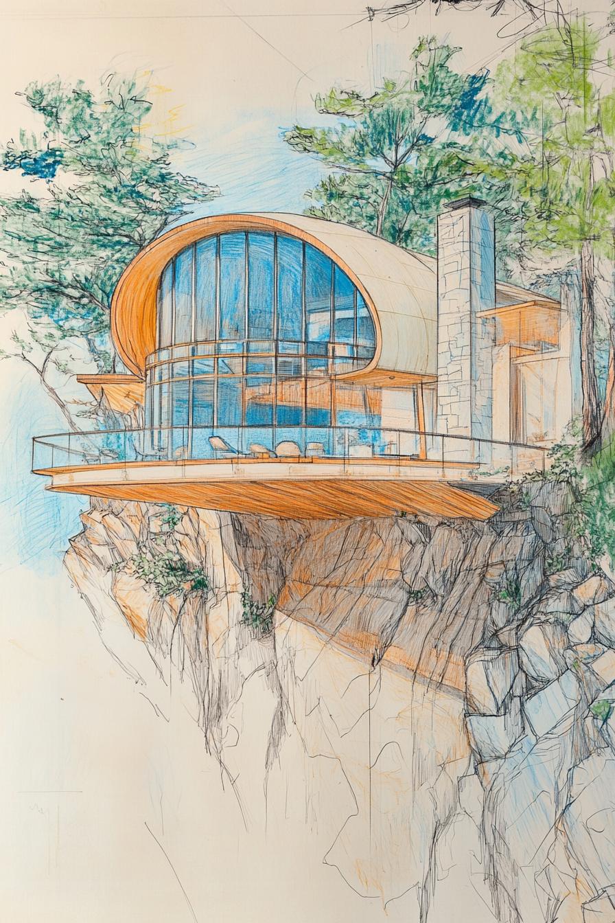 colored sketch drawing of a cliff house model with large rounded half dome facade with curved glass 1