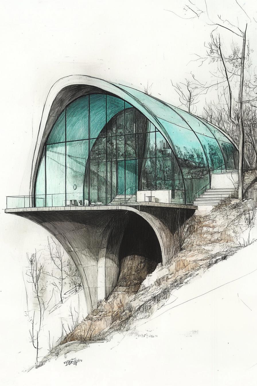 colored sketch drawing of a cliff house model with large rounded half dome facade with curved glass 2