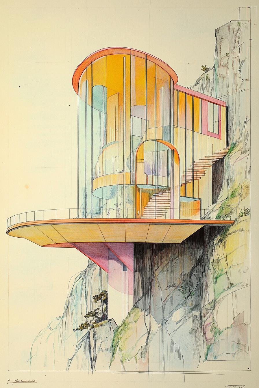 colored sketch drawing of a cliff house model with large rounded half dome facade with curved glass