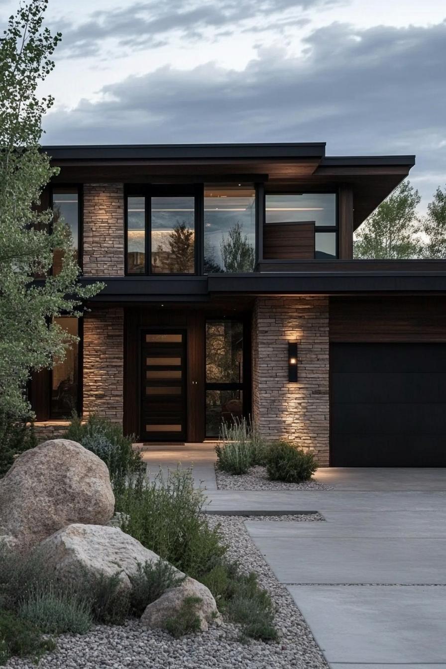 contemporary house exterior with multilevel flat roofing stone brick siding dark stained wood accents garage and front door in dark wood full wall 1