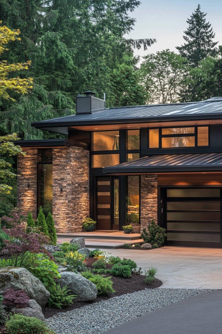 contemporary house exterior with multilevel flat roofing stone brick siding dark stained wood accents garage and front door in dark wood full wall 3