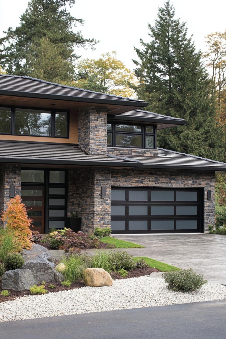 contemporary house exterior with multilevel flat roofing stone brick siding dark stained wood accents garage and front door in dark wood full wall