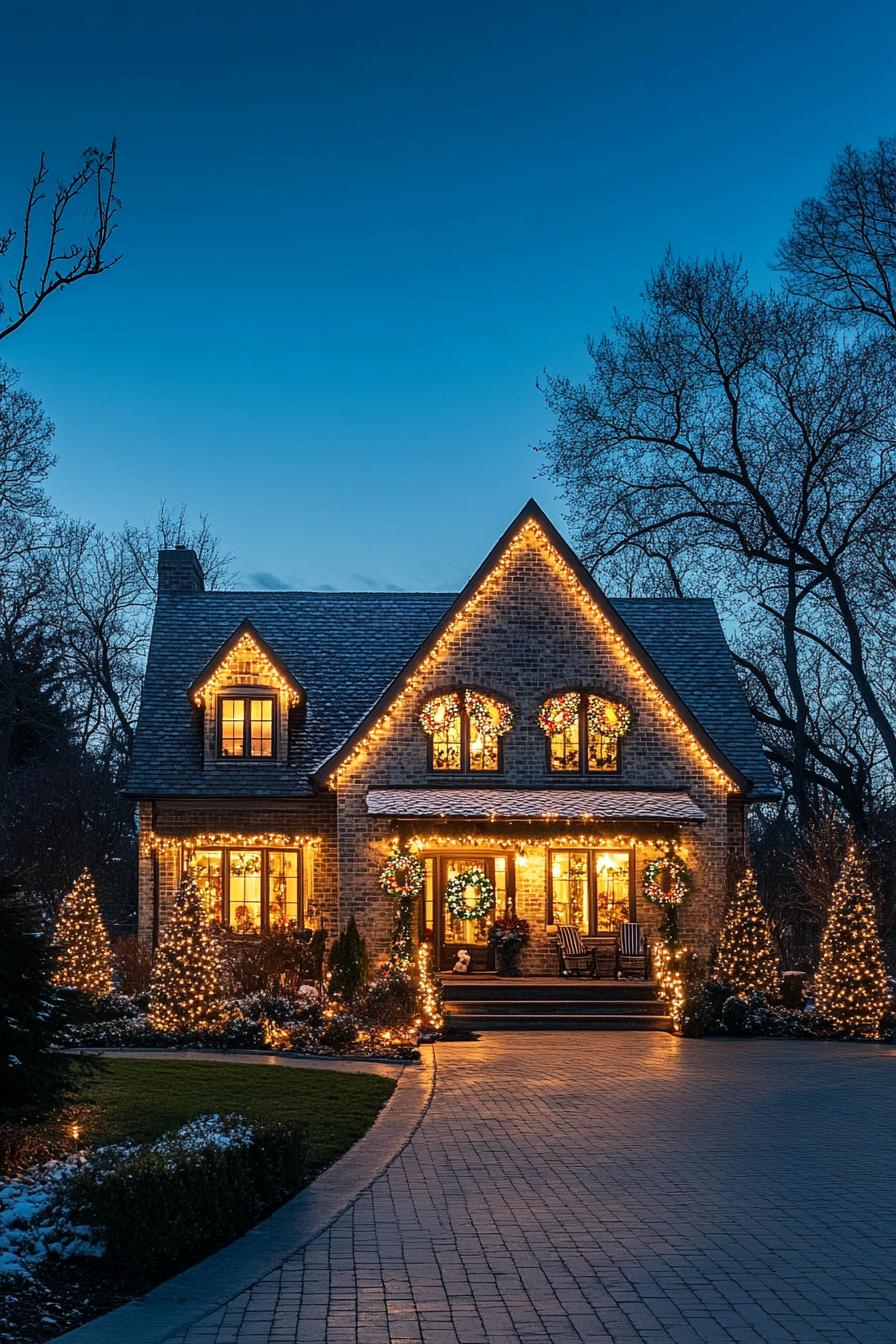 cottage house with grey brick siding multi pitched roof lined with string lights wreaths with fairy lights in each window large porch with 1