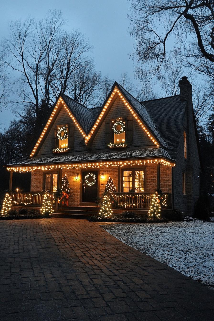 cottage house with grey brick siding multi pitched roof lined with string lights wreaths with fairy lights in each window large porch with 2