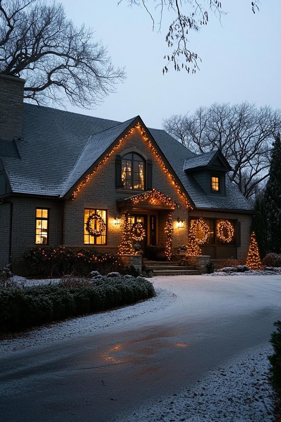 cottage house with grey brick siding multi pitched roof lined with string lights wreaths with fairy lights in each window large porch with 3