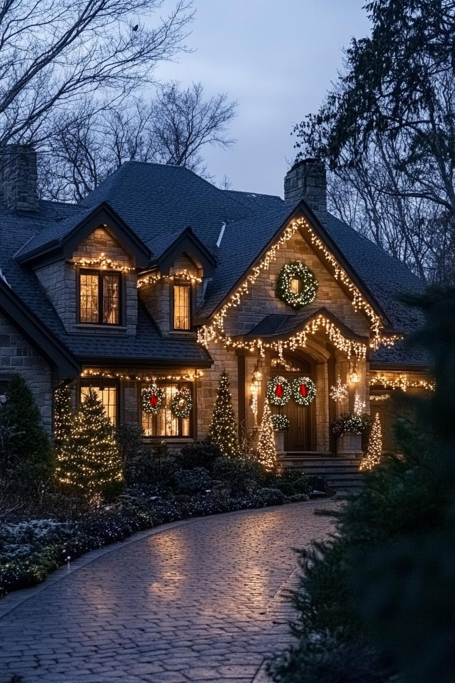 cottage house with grey brick siding multi pitched roof lined with string lights wreaths with fairy lights in each window large porch with