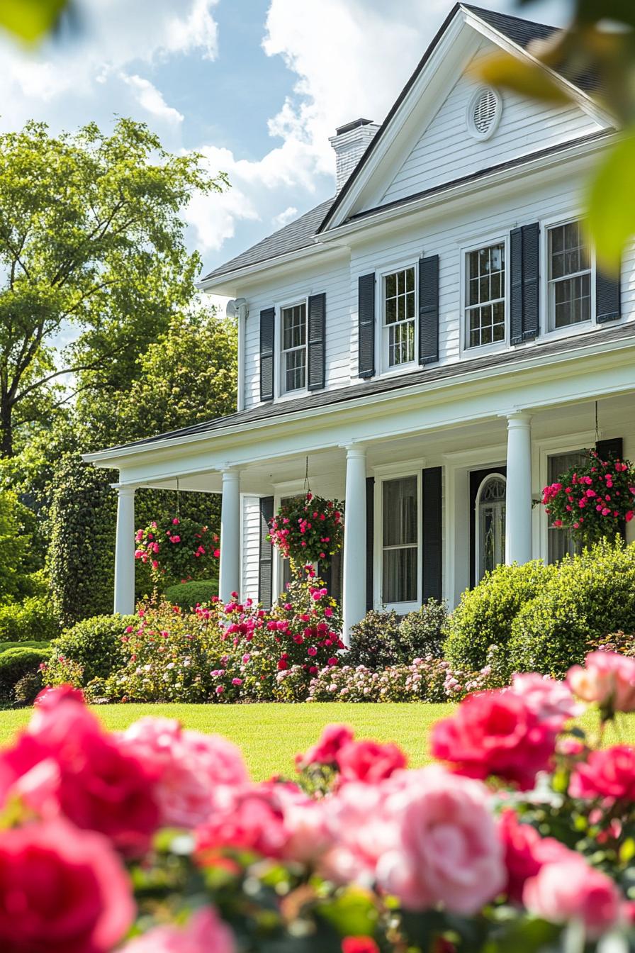 countryside colonial house in white siding windows with shutters porch with columns lush front garden with blooming roses 1