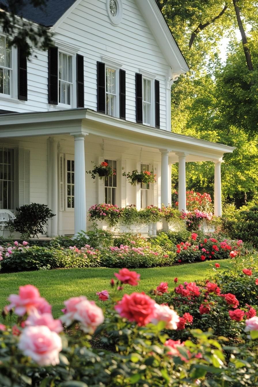 countryside colonial house in white siding windows with shutters porch with columns lush front garden with blooming roses