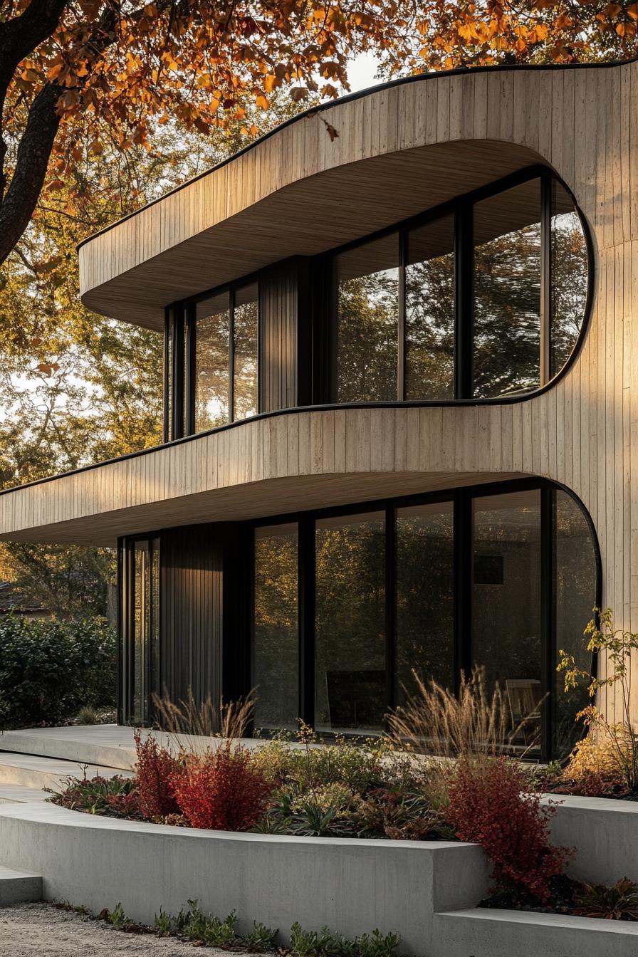 Modern wooden building with curvy facade and large windows