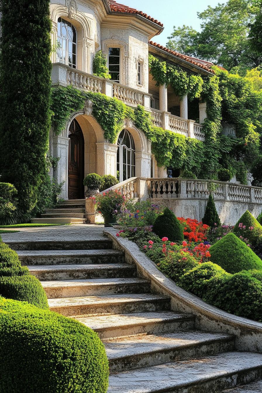 french manor with arched doorways facade with detailing and vines high steps with balustrade railings lead to the manor below is a large garden 1