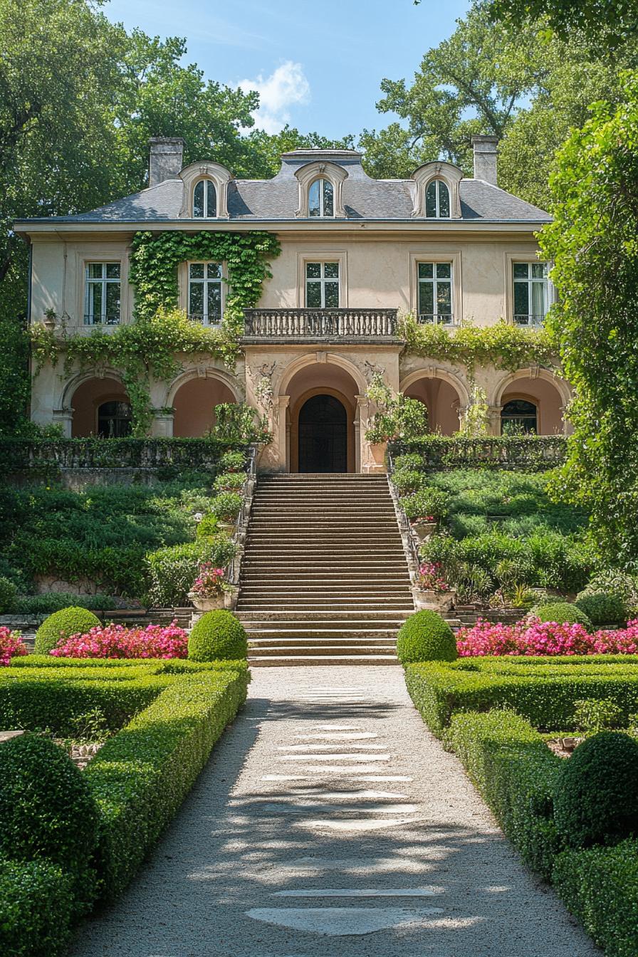 french manor with arched doorways facade with detailing and vines high steps with balustrade railings lead to the manor below is a large garden 2