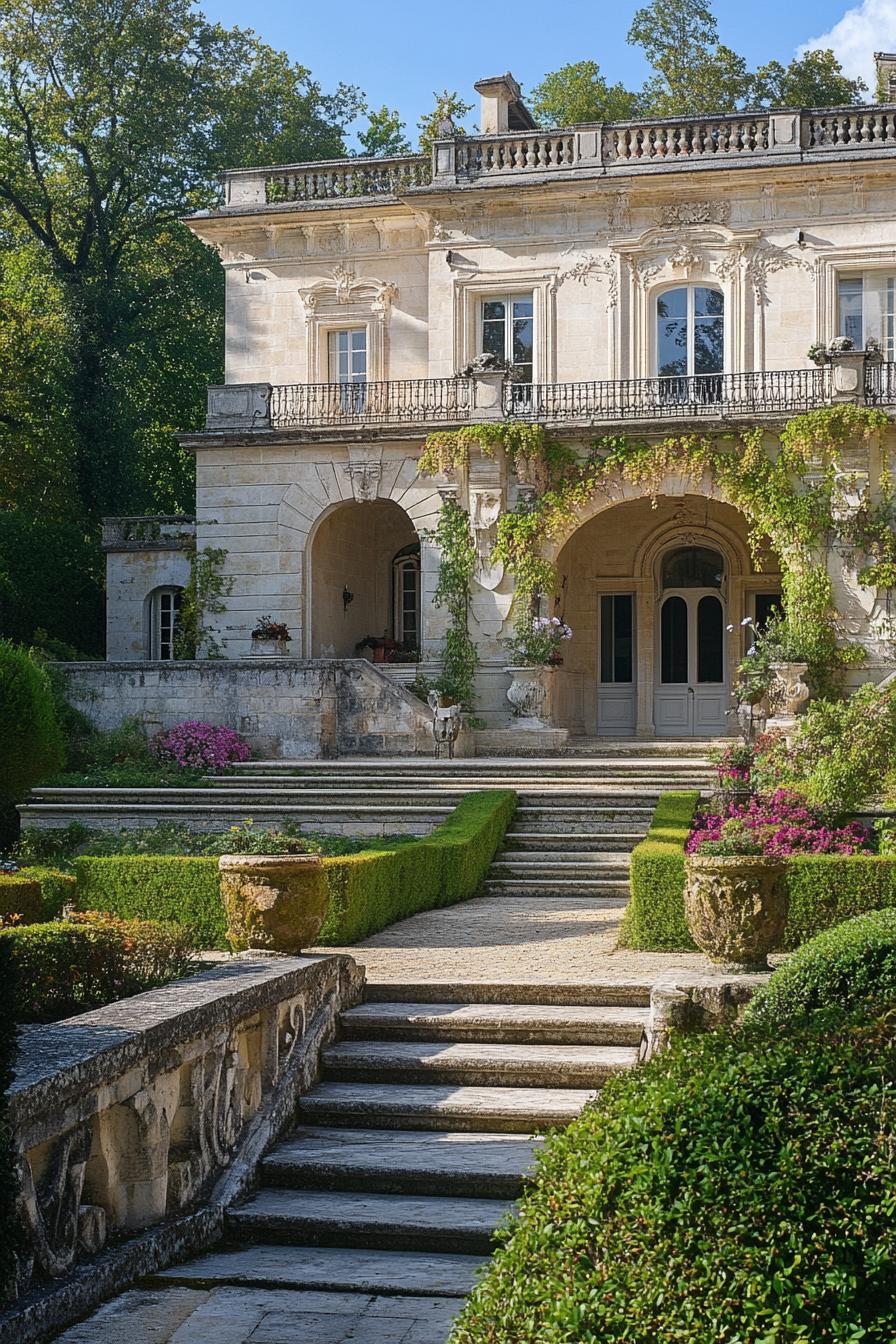 french manor with arched doorways facade with detailing and vines high steps with balustrade railings lead to the manor below is a large garden 3