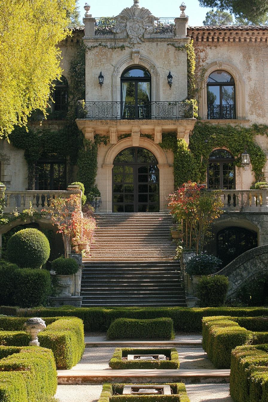 french manor with arched doorways facade with detailing and vines high steps with balustrade railings lead to the manor below is a large garden