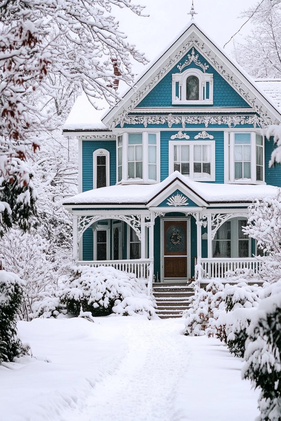 front view of a Victorian house in winter teal siding white trim with moldings and embellishments large windows bay windows white trim porch 1