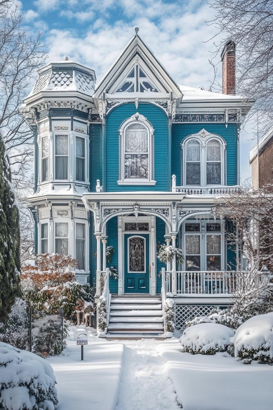 front view of a Victorian house in winter teal siding white trim with moldings and embellishments large windows bay windows white trim porch 2