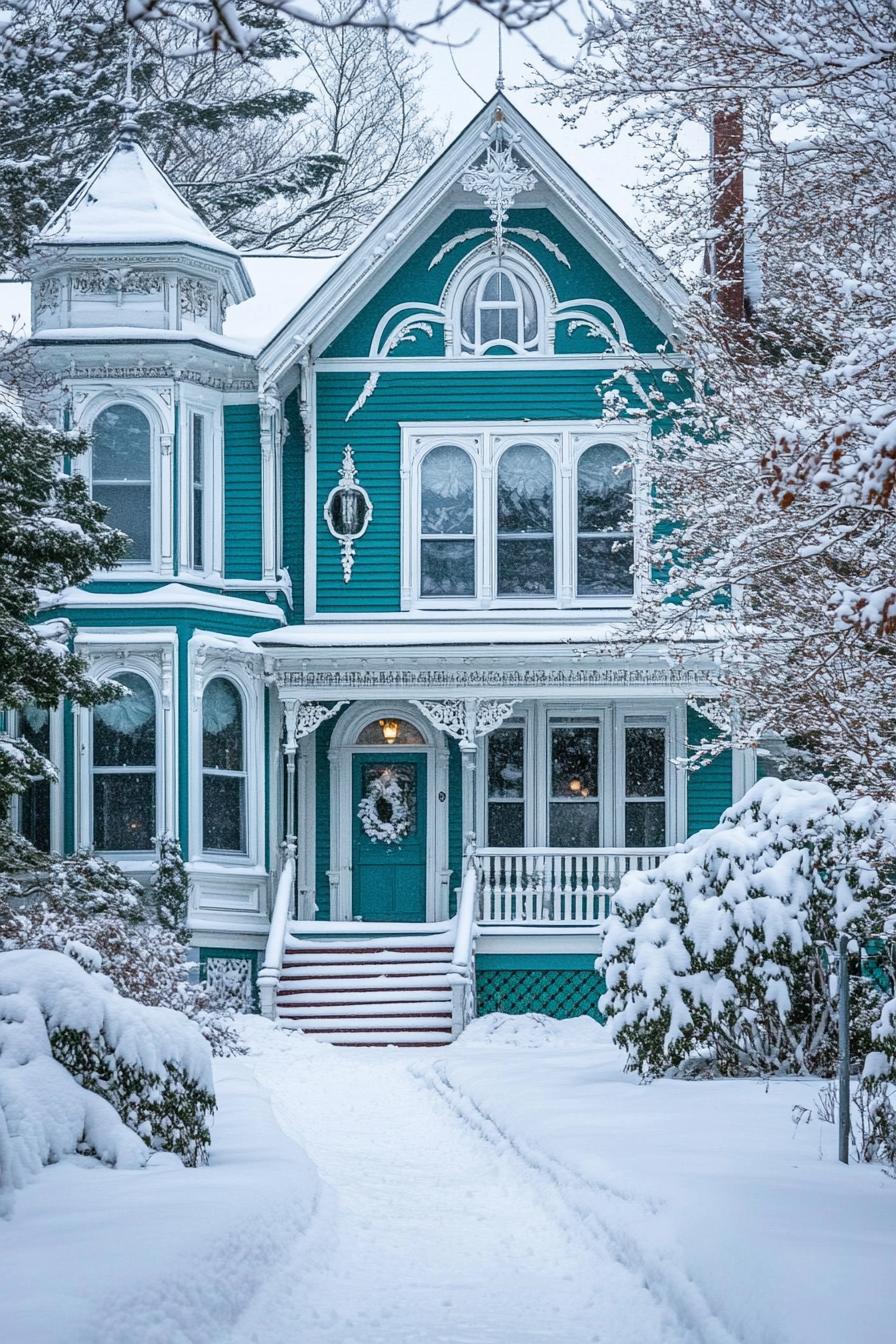 front view of a Victorian house in winter teal siding white trim with moldings and embellishments large windows bay windows white trim porch 3