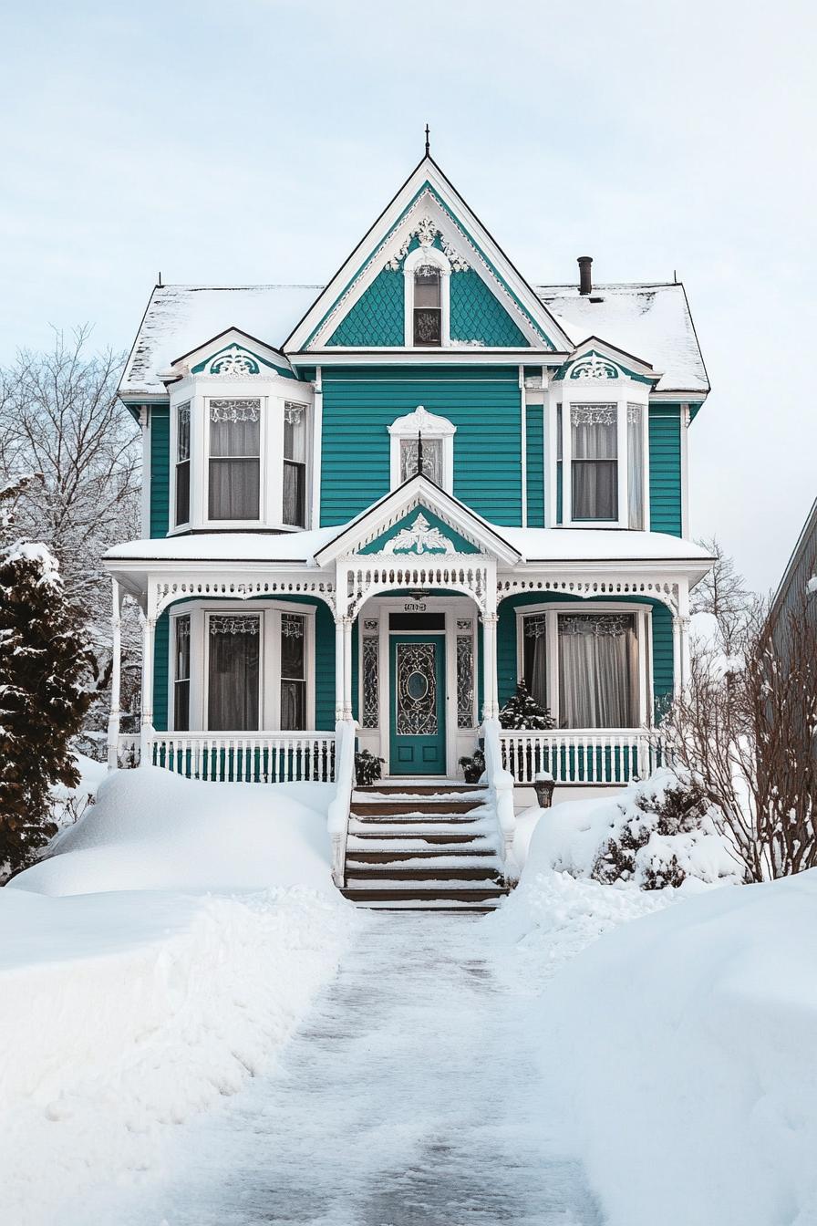 front view of a Victorian house in winter teal siding white trim with moldings and embellishments large windows bay windows white trim porch