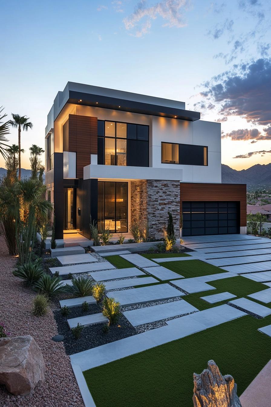 frontal view of a modern house with geometric blocked facade distinct sections of the facade include white painted siding dark painted siding stone 1