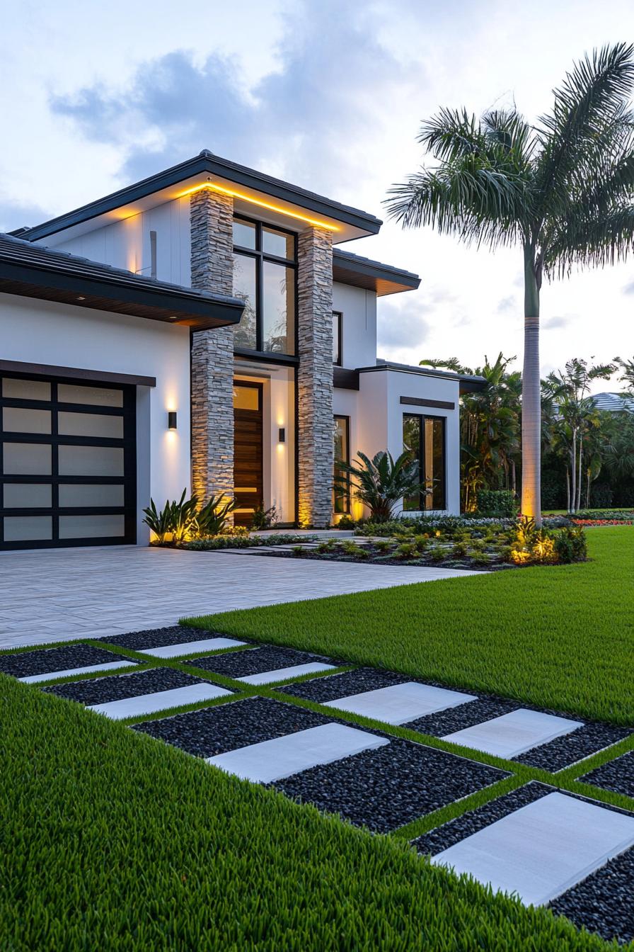 frontal view of a modern house with geometric blocked facade distinct sections of the facade include white painted siding dark painted siding stone 2