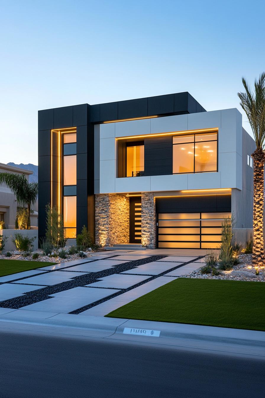 frontal view of a modern house with geometric blocked facade distinct sections of the facade include white painted siding dark painted siding stone 3