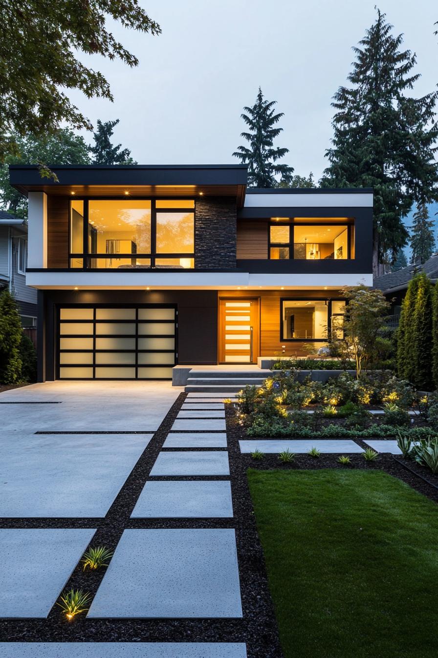 frontal view of a modern house with geometric blocked facade distinct sections of the facade include white painted siding dark painted siding stone