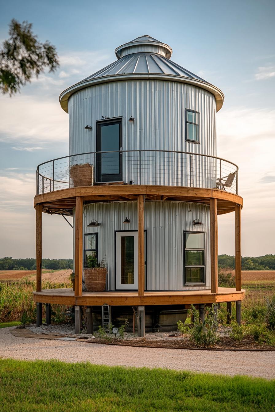 metal grain silo converted into two story home with wraparound balcony on wooden posts and it has railings theres a wooden deck around the silo 1