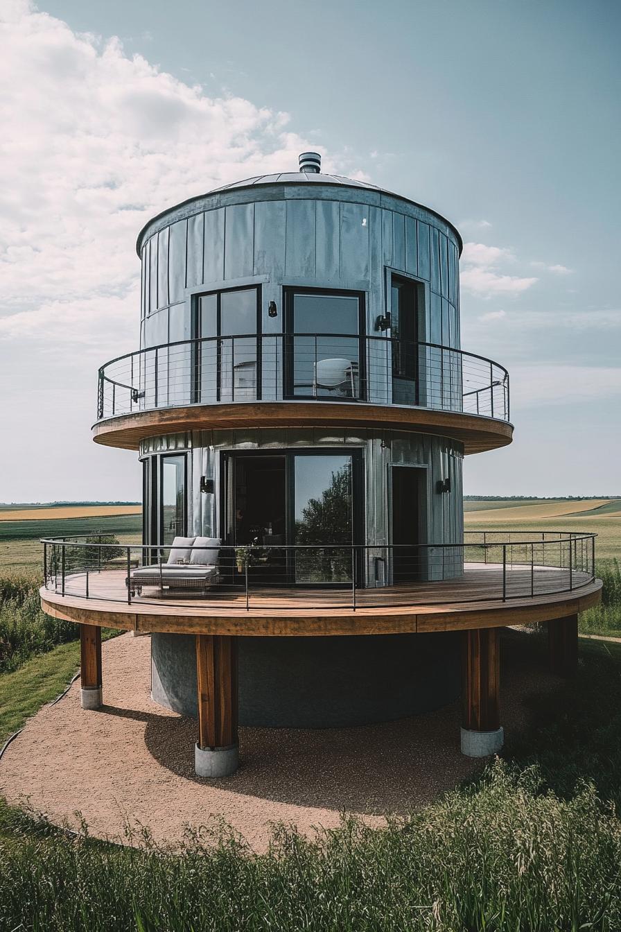 metal grain silo converted into two story home with wraparound balcony on wooden posts and it has railings theres a wooden deck around the silo