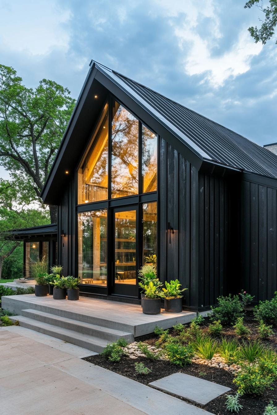 Modern house with dark wood siding and large glass windows