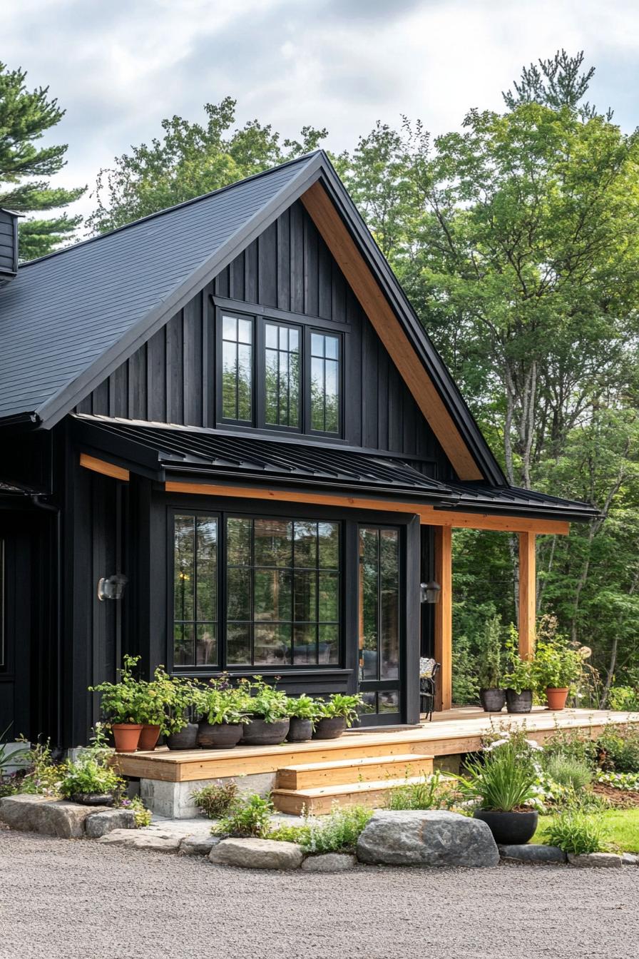 Black Scandinavian house with wooden accents and lush greenery