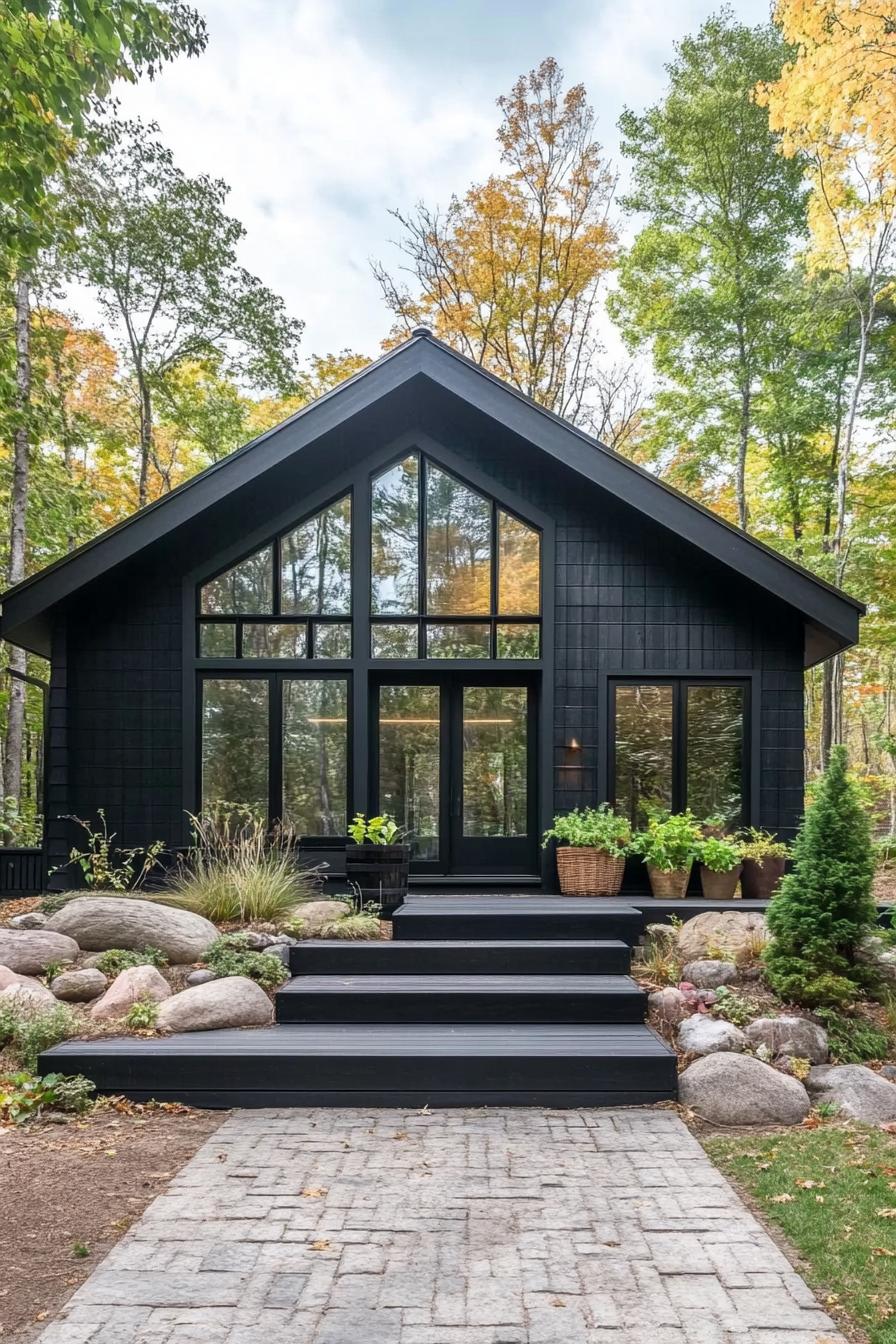 A dark, modern cabin amidst a forest setting